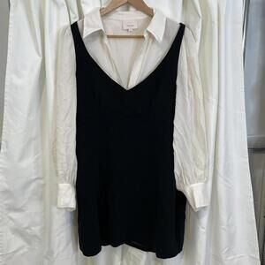 Cinq a Sept black dress with layered white silk button up collar. Size 8